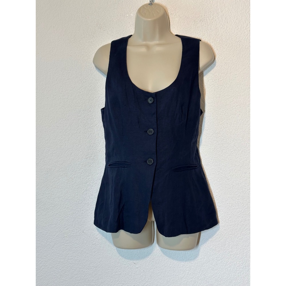 Madewell Navy Blue 100% Linen Button Front Tailored Vest Top Size 8